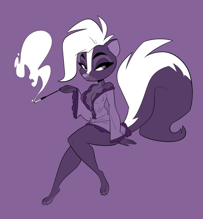 anthro breasts cleavage clothed clothing female nightgown purple_nightgown smoke smoking solo herny courtney_brushmarke mammal mephitid skunk hi_res purple_theme