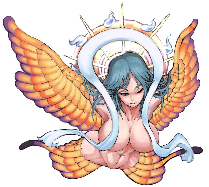 abs big_breasts breasts convenient_censorship eyelashes featureless_crotch female green_eyes green_hair hair halo huge_breasts insect_wings lepidopteran_wings long_hair navel nude one_eye_closed orange_wings scarf simple_background smile solo tan_body tan_skin white_background white_scarf wide_hips wings maru_(72824) romancing_saga_2 saga_(game_series) square_enix wagnas animal_humanoid arthropod arthropod_humanoid avian avian_humanoid bird_humanoid butterfly_humanoid chimera_humanoid humanoid insect insect_humanoid lepidopteran lepidopteran_humanoid winged_humanoid male_(lore)