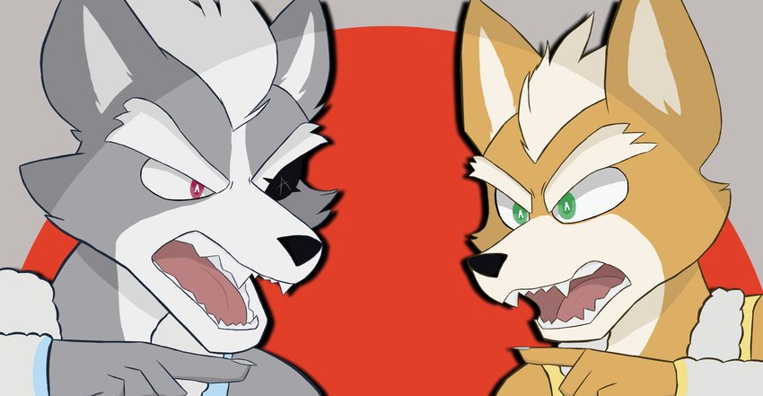 angry duo eye_patch eyewear gesture hand_gesture male pointing suitedwolfie nintendo pinocchio-p_(producer) star_fox fox_mccloud wolf_o'donnell canid canine canis fox mammal wolf absurd_res hi_res