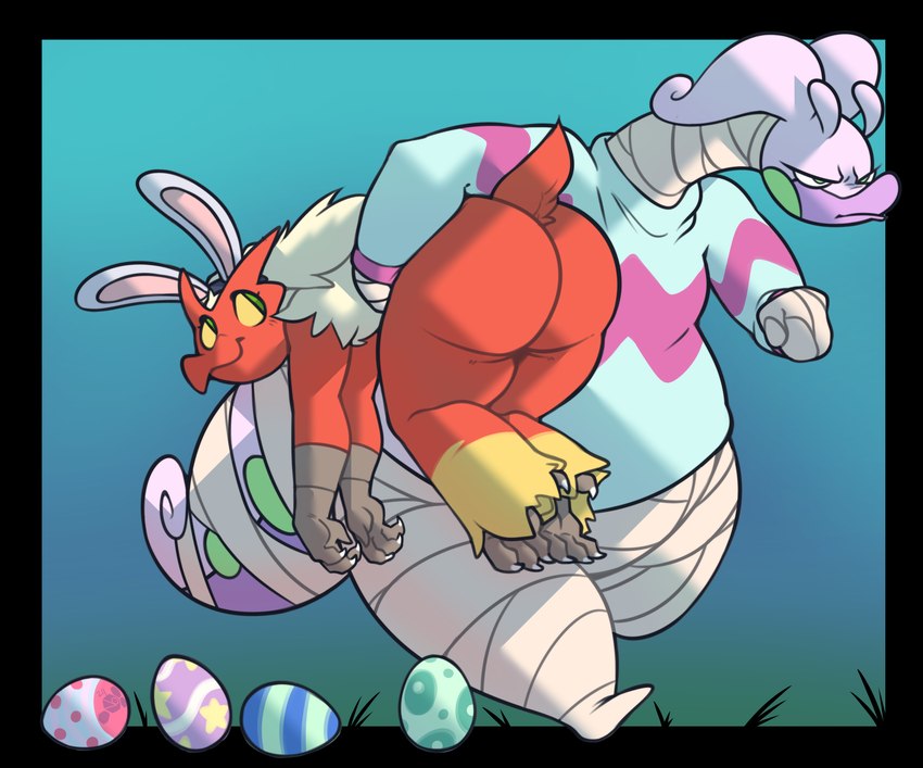 anthro bandage big_butt butt duo easter_egg fake_ears fake_rabbit_ears feathers female holidays huge_butt multicolored_body multicolored_feathers purple_body red_body red_feathers tail tail_feathers thick_thighs wide_hips wrappings yellow_body yellow_feathers potoobrigham xingscourge easter nintendo pokemon juniper_(potoobrigham) kiwi_(potoobrigham) blaziken generation_3_pokemon generation_6_pokemon goodra pokemon_(species) 2024 absurd_res alpha_channel alternate_version_at_paywall hi_res