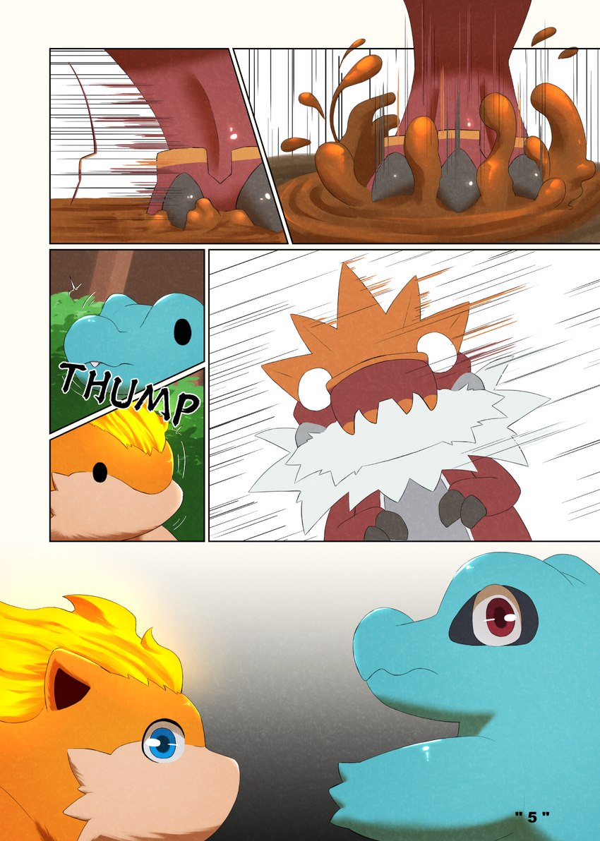 fire forest male plant text tree darrow0 nintendo pokemon pol_(darrow) yuel dinosaur fossil_pokemon generation_2_pokemon generation_6_pokemon pokemon_(species) prehistoric_species quilava reptile scalie totodile tyrantrum comic english_text hi_res