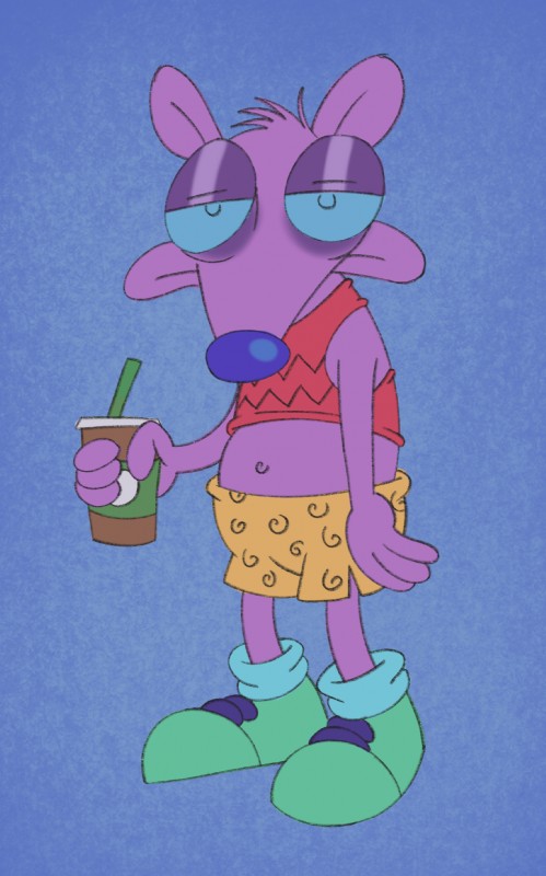 4_fingers blue_background blue_nose bottomwear clothed clothing container cup fingers footwear fur holding_object navel purple_body purple_fur shirt shoes shorts simple_background standing topwear itoruna nickelodeon rocko's_modern_life mammal murid murine rat rodent 2019 hi_res