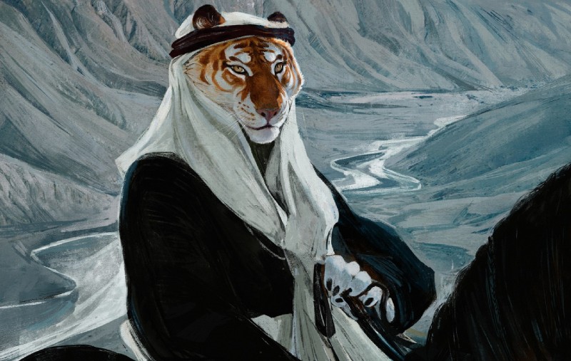 agal_(accessory) anthro claws clothed clothing detailed_background duo feral fur headdress headgear kerchief looking_at_viewer male orange_body orange_eyes orange_fur riding river robe shemagh smile solo_focus striped_body striped_fur stripes thawb whiskers white_body white_fur hriscia equid equine felid horse mammal pantherine tiger traditional_media_(artwork)