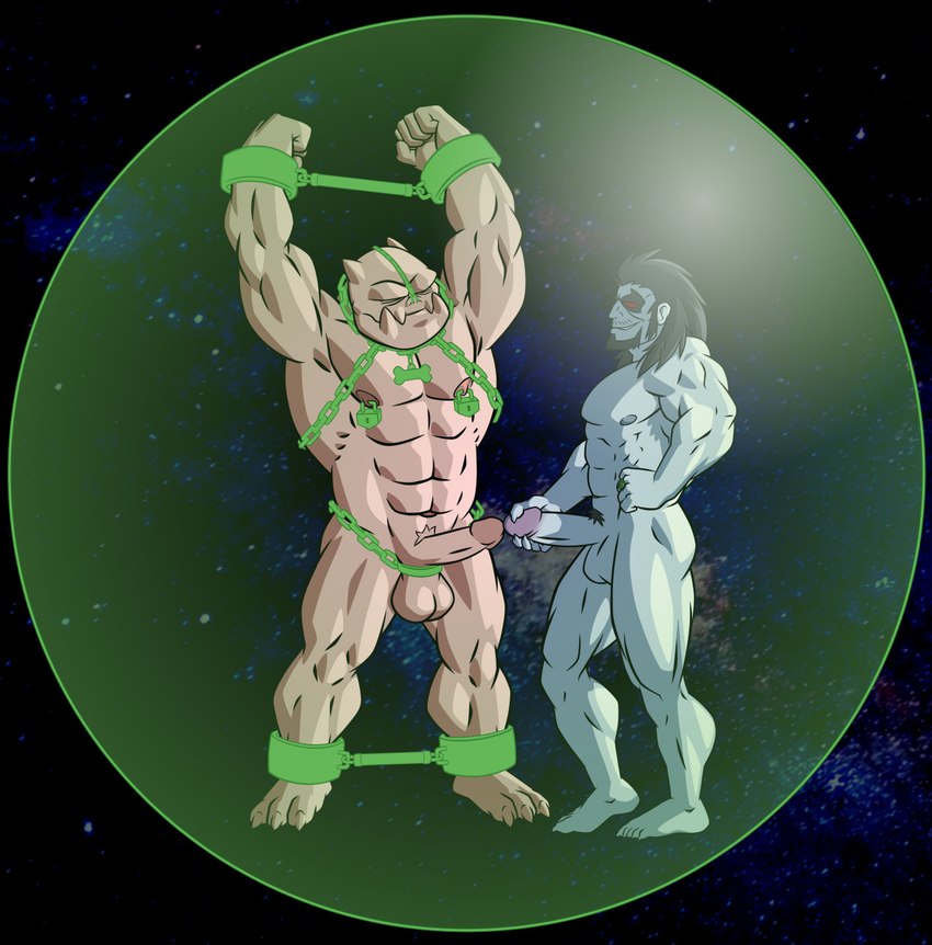 abs anthro ball_ring balls bdsm biceps black_hair bondage bound chain chained chained_up duo genitals hair male muscular muscular_anthro muscular_humanoid muscular_male nipple_piercing nipples pecs penis peril piercing pink_body red_eyes space submissive submissive_male superhero villainous dilgearwolfang dc_comics green_lantern_(series) kilowog lobo_(dc) alien alien_humanoid bolovaxian humanoid hi_res