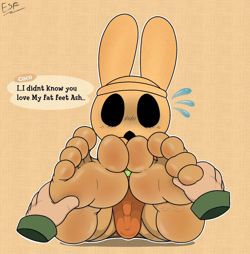 5_toes anthro barefoot brown_body clothed clothing dialogue disembodied_hand duo feet female foot_fetish foot_focus foot_rub humanoid_feet plantigrade sitting soles solo_focus toes electricsnowfox animal_crossing nintendo coco_(animal_crossing) gyroid lagomorph leporid mammal rabbit digital_media_(artwork) hi_res