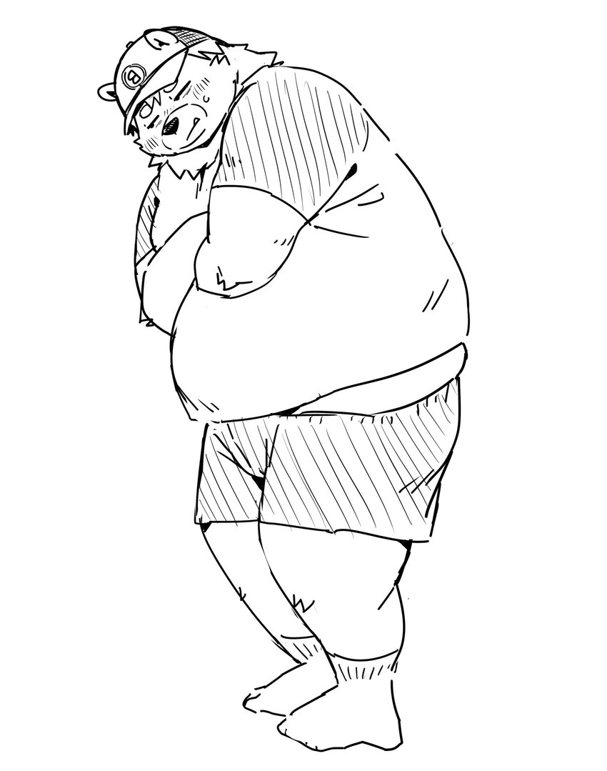 anthro belly big_belly blush bottomwear clothing hat headgear headwear kemono male overweight overweight_male shirt shorts simple_background solo topwear uokkom bear mammal 2022 full-length_portrait hi_res monochrome portrait