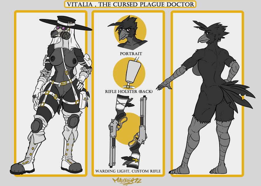 anthro armor bandolier boots breasts butt clothed clothing combat_gear female footwear gas_mask genitals gloves gun handwear headgear headgear_only helmet helmet_only holster mask nude plague_doctor purple_eyes pussy ranged_weapon rifle shoes skimpy solo text weapon maxner12 vitalia avian bird corvid corvus_(genus) crow oscine passerine absurd_res english_text hi_res model_sheet