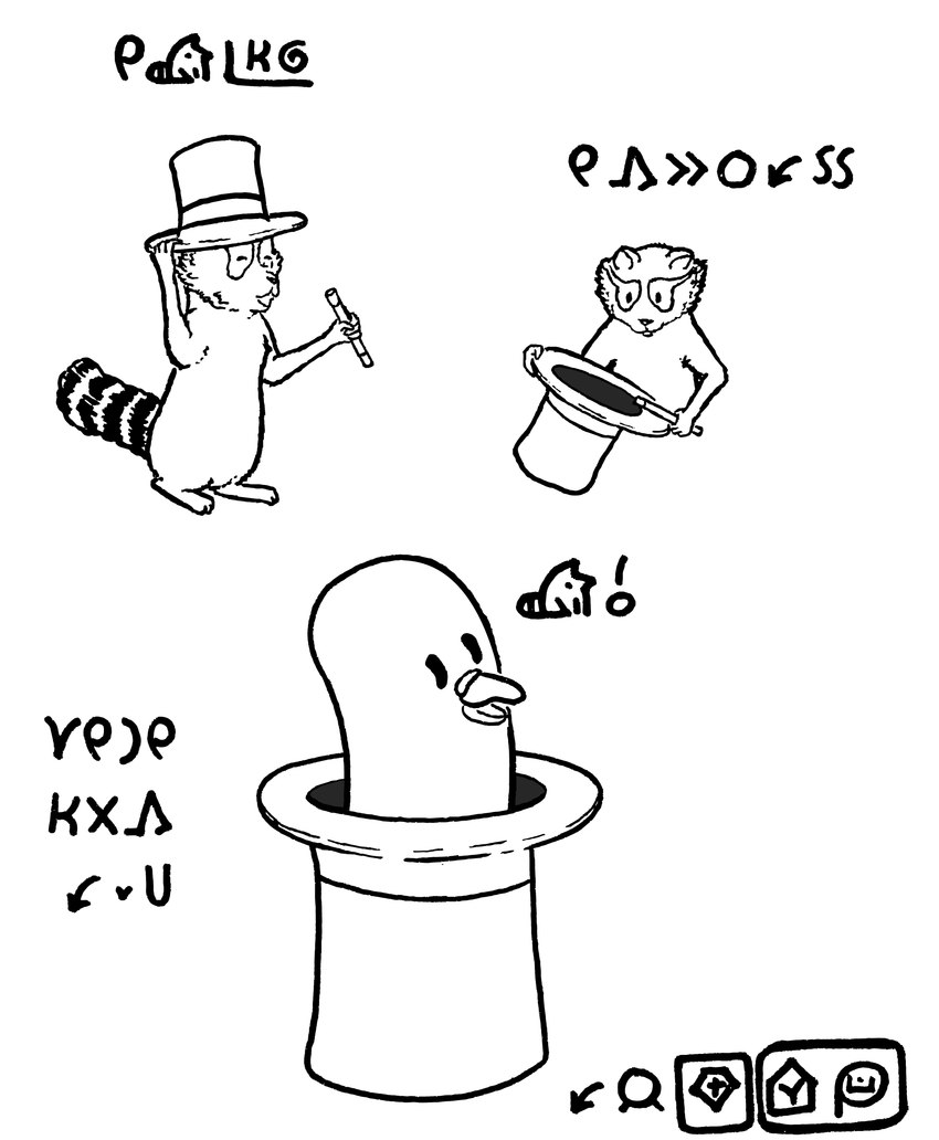 3_panel_comic ambiguous_gender anthro dialogue duo feral humor magic_trick magic_wand magician magician_hat semi-anthro simple_background text jan_ke_tami cc-by creative_commons kijetesantakalu_o kijetesantakalu_(kijetesantakalu_o) waso_(kijetesantakalu_o) avian bird columbid mammal pigeon procyonid raccoon absurd_res artist_name comic constructed_language hi_res monochrome sitelen_pona toki_pona_text translated