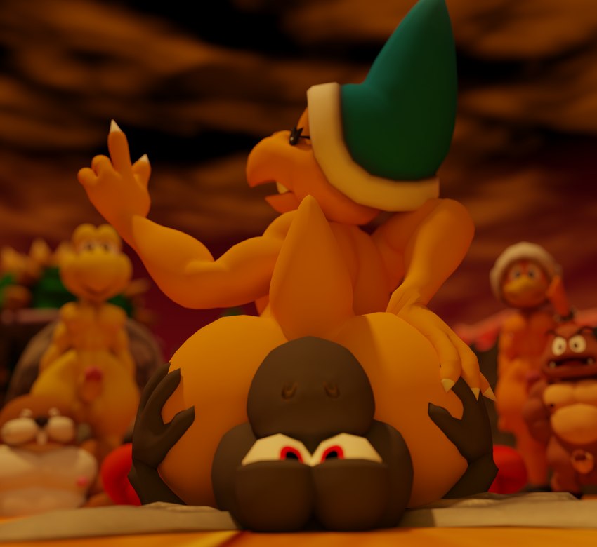 anal anthro black_body black_skin brown_body brown_skin butt facesitting group male male/male oral rimming rimming_male scales sex sitting_on_another yellow_body yellow_scales doommusk blender_cycles mario_bros nintendo fan_character kamek lire_(doommusk) eulipotyphlan goomba hammer_bro koopa koopa_paratroopa koopa_troopa magikoopa mammal mole_(animal) monty_mole scalie 2024 3d_(artwork) absurd_res blender_(artwork) digital_media_(artwork) hi_res