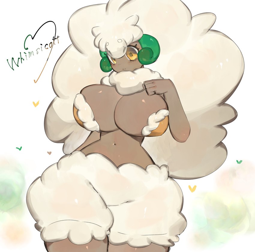 anthro big_breasts breasts cotton female fur heart_symbol navel simple_background solo text thick_thighs wide_hips wool_(fur) yellow_eyes togetoge nintendo pokemon generation_5_pokemon humanoid pokemon_(species) whimsicott 2023 absurd_res english_text hi_res