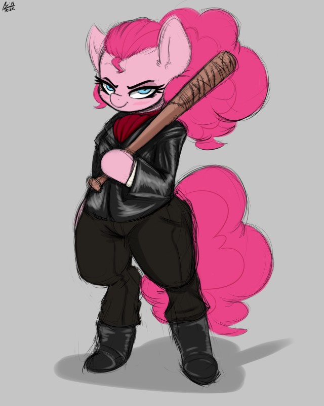 baseball_bat bat_(object) blue_eyes boots bottomwear clothing cosplay female feral footwear fur grey_background hair holding_object jacket pants pink_body pink_fur pink_hair quadruped shoes simple_background solo standing topwear aer0_zer0 friendship_is_magic hasbro my_little_pony the_walking_dead negan pinkie_pie_(mlp) earth_pony equid equine horse mammal pony 4:5 digital_media_(artwork) hi_res signature