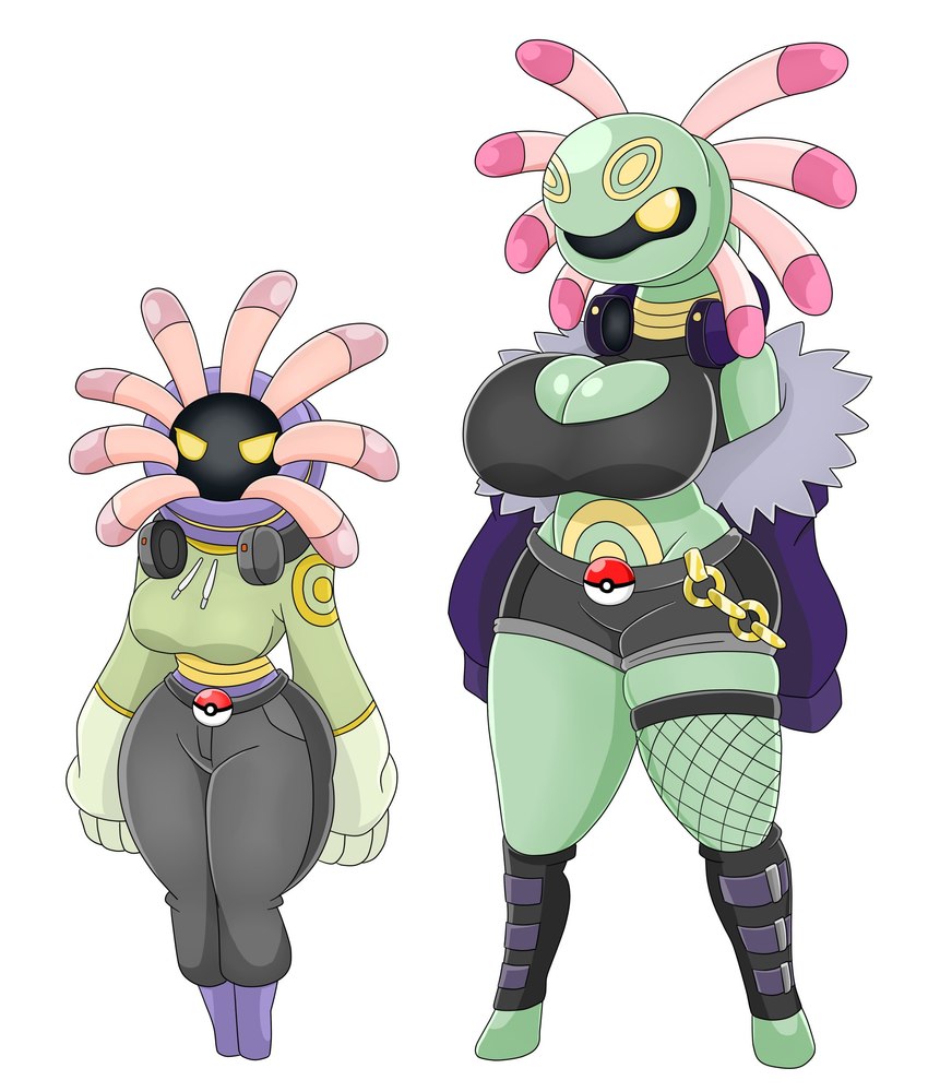 anthro big_breasts bottomwear breasts chain clothed clothing duo electronics female green_body headphones headphones_around_neck jacket legwear pants pokeball purple_body shirt shorts simple_background standard_pokeball topwear white_background yellow_eyes urusee584 nintendo pokemon cradily fossil_pokemon generation_3_pokemon lileep pokemon_(species) absurd_res hi_res