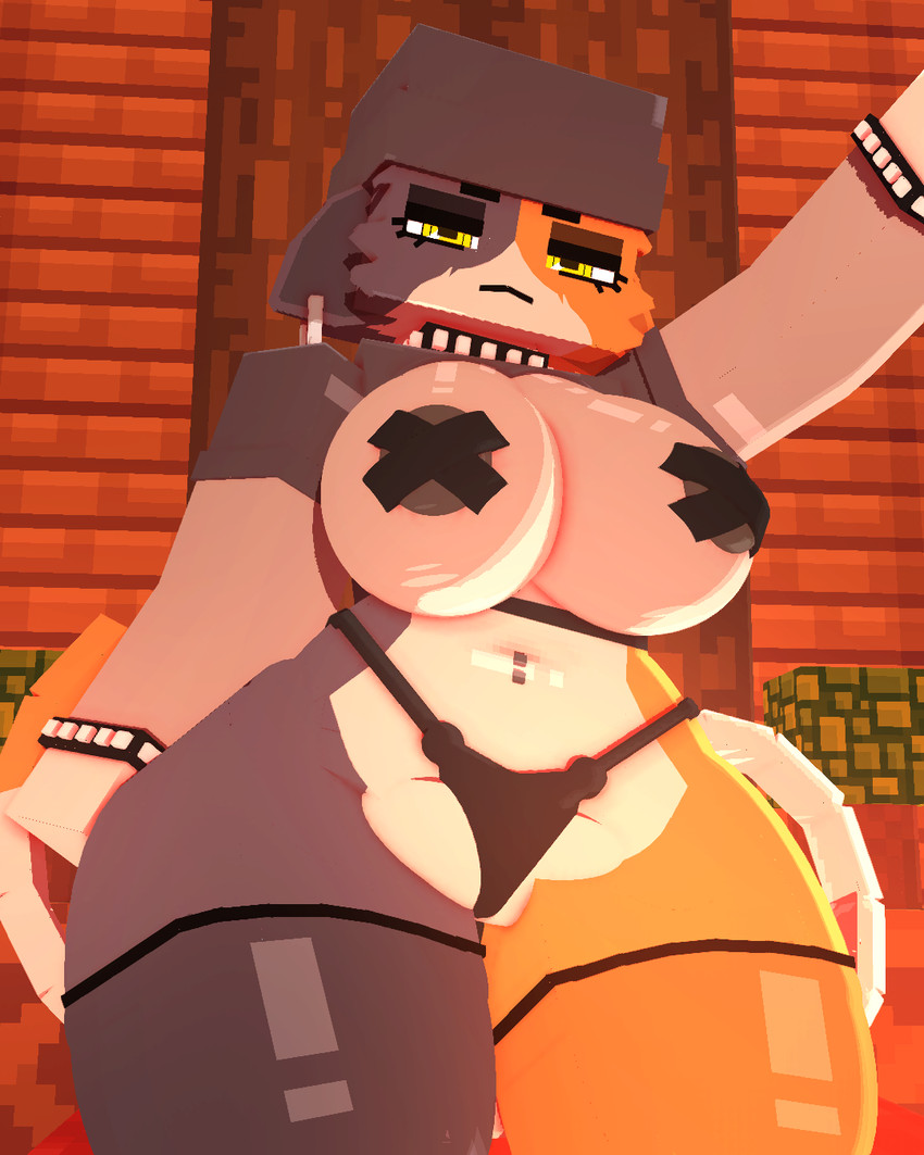 alternative_fashion anthro aroused beanie belly_piercing big_breasts black_beanie black_clothing black_hat black_headwear black_panties black_underwear blush bracelet breasts choker clothing collar curvy_figure ear_piercing embarrassed female female_anthro fur genitals goth hat headgear headwear jewelry legwear looking_at_viewer looking_down looking_down_at_viewer necklace nipple_tape on_top open_mouth panties pasties piercing simple_background solo spiked_bracelet spiked_collar spikes tape thigh_highs underwear vulva white_clothing white_panties white_underwear wide_hips yellow_eyes coresvoid epic_games fortnite microsoft minecraft mojang xbox_game_studios meow_skulls domestic_cat felid feline felis mammal 2026 3d_(artwork) 4:5 digital_media_(artwork) hi_res mine-imator_(artwork)