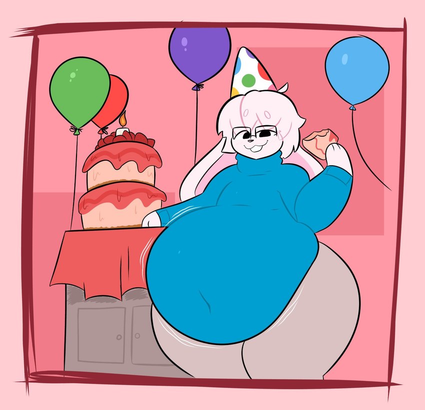 anthro balloon belly big_belly bloated cake clothed clothing dessert eating eyewear food glasses hair hat headgear headwear inflatable looking_at_viewer male navel obese overweight overweight_anthro party party_hat smile solo thick_thighs topwear wide_hips swallowpancakes lagomorph leporid mammal rabbit digital_media_(artwork) hi_res