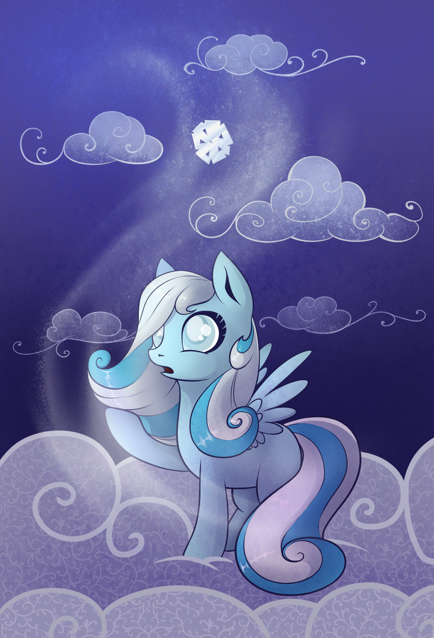 blind blue_body cloud disability female feral hair multicolored_hair night on_cloud snowflake solo two_tone_hair two_tone_tail white_hair wings 28gooddays badday28 hasbro my_little_pony mythology fan_character snowdrop_(character) equid equine mammal mythological_creature mythological_equine pegasus 2018 digital_media_(artwork) hi_res