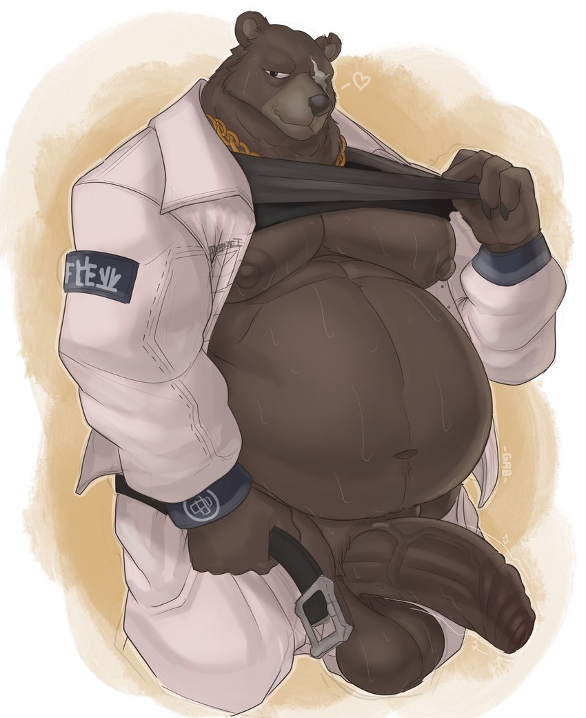 anthro balls belly belt bodily_fluids bottomwear brown_body brown_fur clothed clothing erection eye_scar facial_scar fur genitals heart_symbol humanoid_genitalia humanoid_penis jacket male moobs navel nipples open_bottomwear open_clothing open_pants overweight overweight_anthro overweight_male pants penis raised_clothing raised_shirt raised_topwear scar shirt simple_background solo sweat topwear white_bottomwear white_clothing white_jacket white_pants white_topwear gabgbb mihoyo zenless_zone_zero ben_bigger bear mammal 2024 hi_res