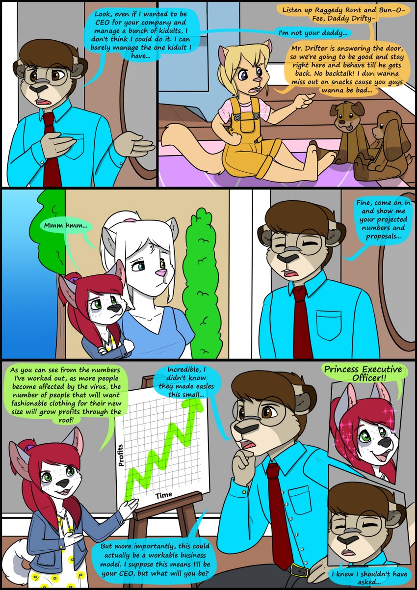 anthro biped bottomwear clothing detailed_background dialogue eyes_closed female fur group hair male pants shirt speech_bubble standing text topwear young young_anthro kammypup_(artist) kammypup viken_welopl 2018 comic english_text hi_res