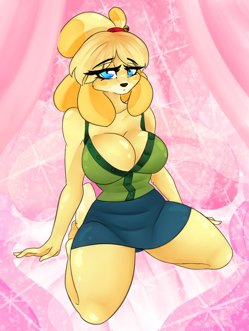 anthro blue_eyes bottomwear breasts clothed clothing female fur furgonomics glistening glistening_body glistening_skin monotone_bottomwear monotone_clothing monotone_skirt pencil_skirt pose skirt solo sparkles sparkling_background tail tail_through_skirt yellow_body yellow_fur cassielink animal_crossing nintendo isabelle_(animal_crossing) canid canine canis domestic_dog mammal absurd_res digital_media_(artwork) digital_painting_(artwork) hi_res pinup sketch