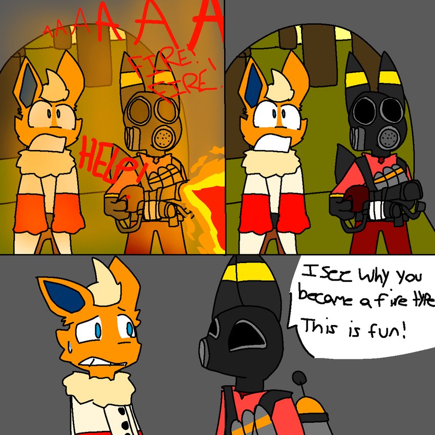 2fort ambiguous_gender anthro clothing comic_panel dialogue duo fire flamethrower fur gloves handwear happy medical_gloves neck_tuft orange_body orange_fur ranged_weapon shocked simple_background text tuft weapon dastarman nintendo pokemon team_fortress_2 valve medic_(team_fortress_2) pyro_(team_fortress_2) canid canine eeveelution flareon generation_1_pokemon generation_2_pokemon mammal pokemon_(species) umbreon 1:1 colored comic digital_drawing_(artwork) digital_media_(artwork) english_text hi_res