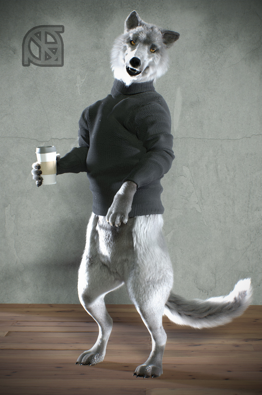 anthro beverage black_nose bottomless claws clothed clothing coffee feet female fluffy fur grey_body grey_fur looking_at_viewer open_mouth paws pose realistic semi-anthro smile solo standing sweater teeth text topwear yellow_sclera cosmiclife helga_(cosmiclife) canid canine canis mammal wolf 3d_(artwork) absurd_res digital_media_(artwork) english_text full-length_portrait hi_res huge_filesize pinup portrait