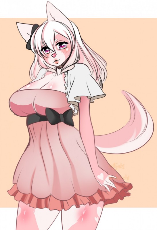 accessory anthro big_breasts biped bow_(feature) bow_accessory bow_ribbon breasts clothed clothing dress female hair_accessory hair_bow hair_ribbon looking_at_viewer purple_eyes ribbons simple_background solo standing hoshicchi mitsuki_(hoshicchi) canid canine canis fox hybrid mammal wolf digital_media_(artwork) hi_res portrait three-quarter_portrait