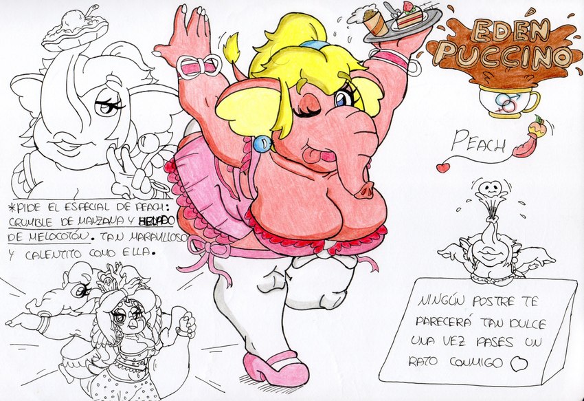 alternate_universe anthro big_breasts big_ears blonde_hair blue_eyes bottomwear breasts cleavage clothed clothing dancing dessert dream_retreat duo edenpuccino elephant_tail feathers female floppy_ears food hair jewelry legwear lips long_hair lop_ears maid_uniform miniskirt monster_girl_(genre) navel nightclub obese obese_female overflowing_breasts overweight overweight_female pendant pink_body pink_skin ponytail purple_district ribbons skirt slim slim_female stockings tail tail_feathers thick_lips thick_thighs uniform wide_hips dibujuani mario_bros nintendo super_mario_bros_wonder elephant_peach maridiz princess_peach animal_humanoid avian avian_humanoid elephant_humanoid humanoid mammal mammal_humanoid proboscidean proboscidean_humanoid absurd_res hi_res sketch traditional_media_(artwork)