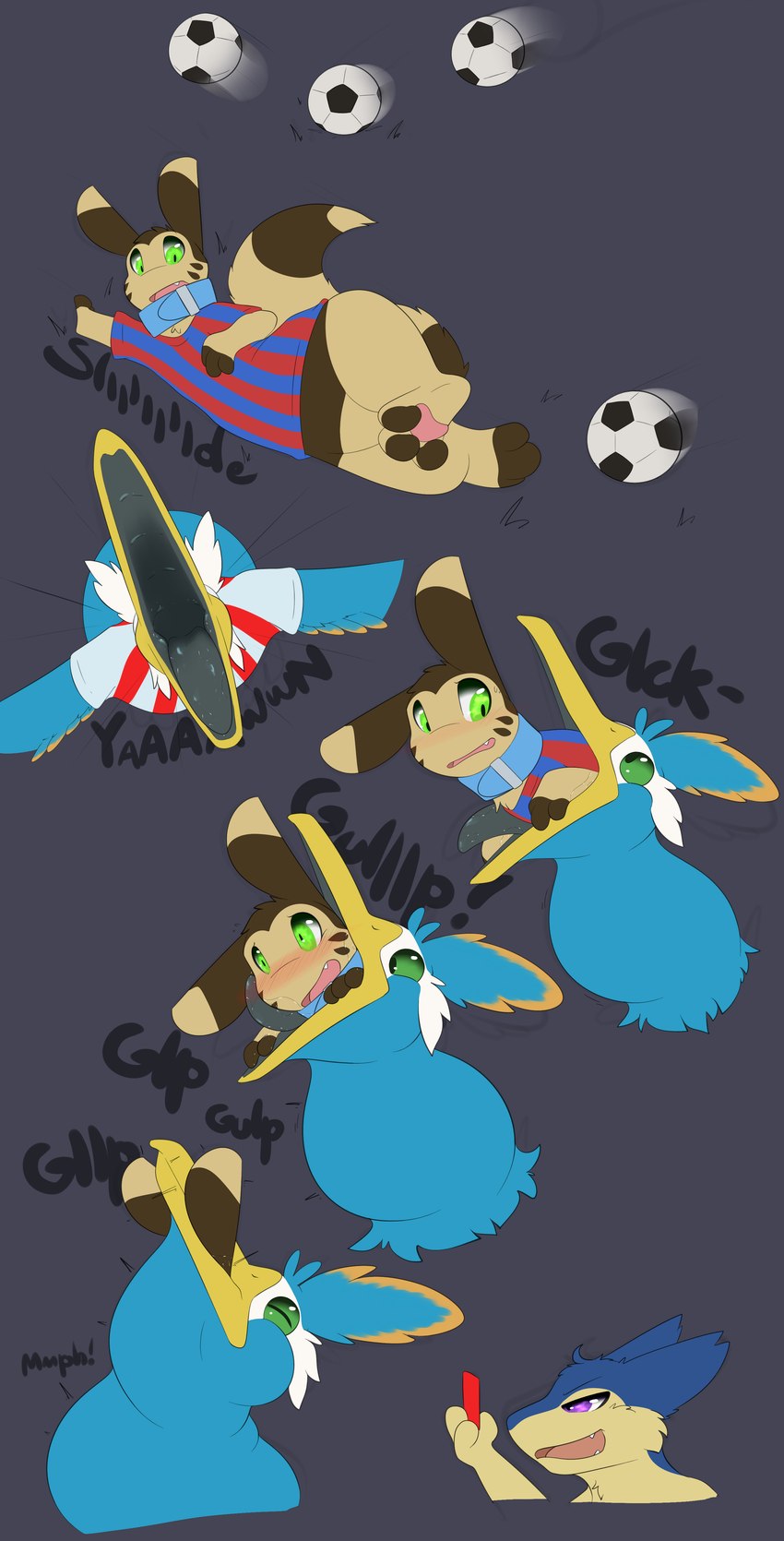 accidental_vore ball beak blue_body facial_markings feathered_crest feathered_wings feathers feral green_eyes head_crest head_markings jersey male markings mask_(marking) neck_bulge oral_vore penalty_card same_size_vore soccer soccer_ball sport vore white_markings wings yellow_markings diorexity nintendo pokemon atticus_(diorexity) dio_(diorexity) fan_character thunk_(gyro) avian cramorant furret generation_2_pokemon generation_8_pokemon pokemon_(species) typhlosion absurd_res hi_res