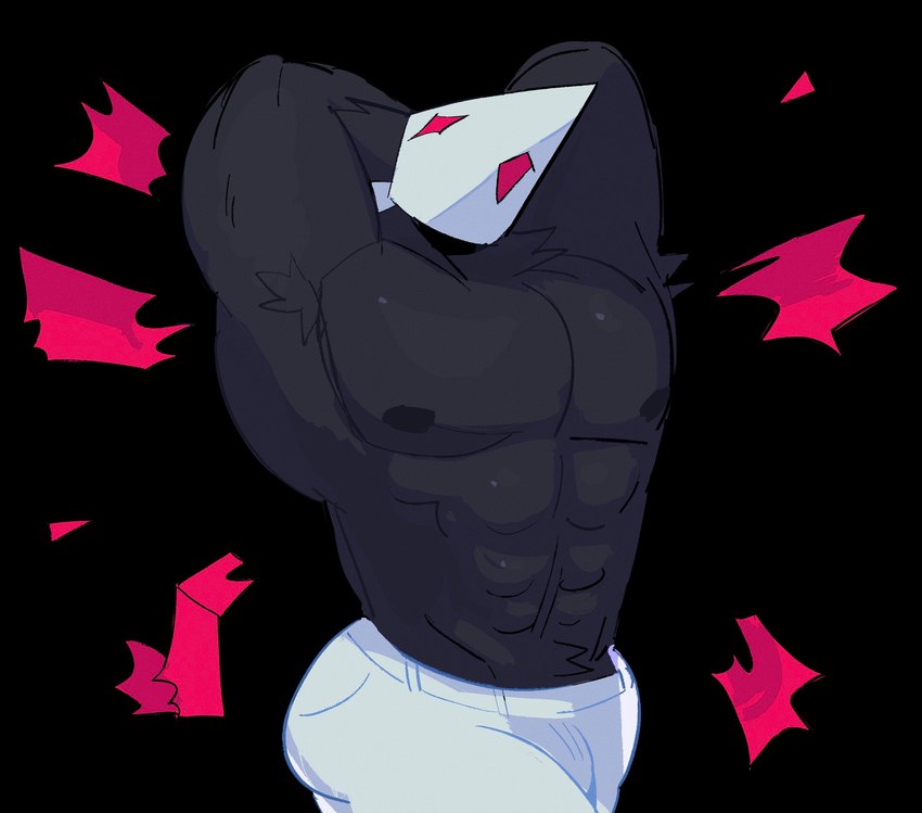 anthro black_body black_feathers bottomwear clothing feathers flexing flexing_muscles male mask muscular muscular_anthro muscular_male pants pose solo torn_clothing white_bottomwear white_clothing white_pants skomnk deltarune undertale_(series) avian bird darkner swatchling hi_res