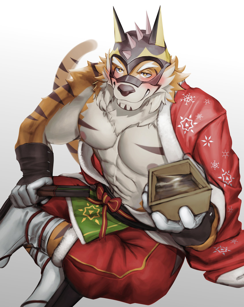 alcohol anthro beverage blush drinking drunk hand_fan male mask muscular muscular_anthro muscular_male nipples pecs sake solo substance_intoxication superhero tokuni lifewonders live_a_hero ryekie_(live_a_hero) felid mammal pantherine tiger absurd_res hi_res