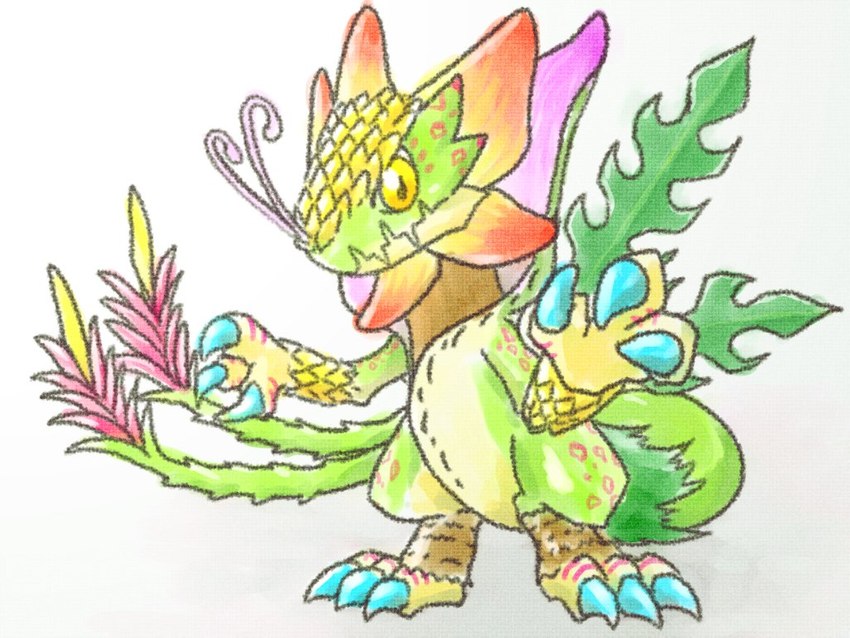 anthro claws flower green_body plant solo tail yellow_eyes 1nacl bandai_namco digimon mythology digimon_(species) dragon elemental_creature flora_fauna monster mythological_creature mythological_scalie scalie toropiamon 4:3