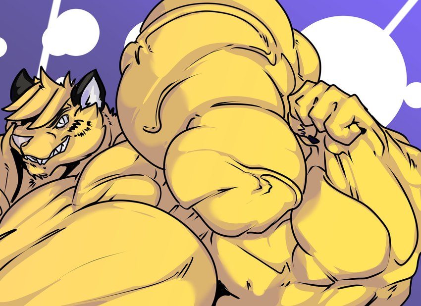 abstract_background anthro big_muscles blonde_hair fist flexing fur grey_eyes grin hair huge_muscles hyper hyper_muscles looking_at_viewer male muscular sharp_teeth smile solo teeth vein veiny_muscles yellow_body yellow_fur fierglief felid feline mammal 2021 hi_res