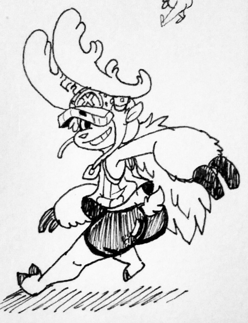 anthro antlers bottomwear clothing cloven_hooves hair hat headgear headwear hooves horn long_hair looking_back male shirt short_tail shorts simple_background smile solo spandex spandex_shorts tail tank_top teeth tight_bottomwear tight_clothing tight_shorts topwear fauxtellno1 one_piece tony_tony_chopper tony_tony_chopper_(horn_point_form) deer mammal new_world_deer reindeer hi_res monochrome sketch traditional_media_(artwork)