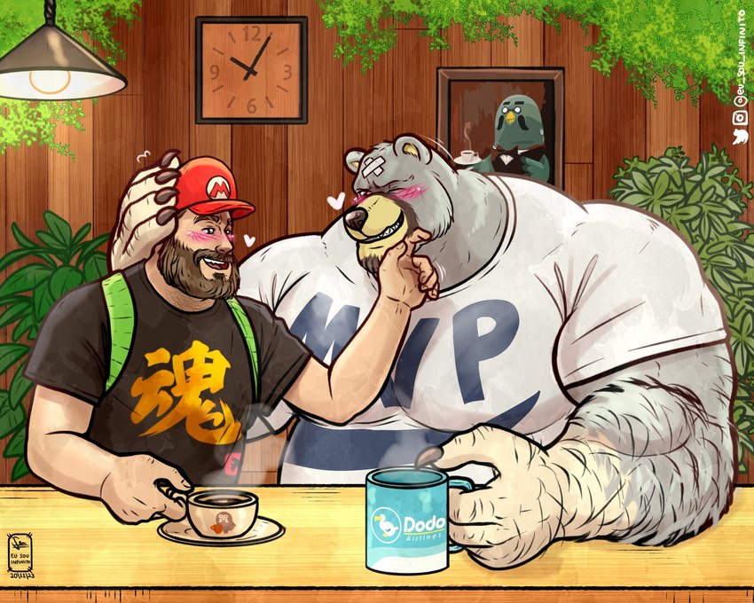 anthro arm_hair beard big_muscles big_pecs blush body_hair brown_hair cafe canon_x_oc clothing duo eye_contact facial_hair fur grey_body grey_fur hair hairy hand_on_cheek hat headgear headwear heart_symbol holding_head holding_partner intimate larger_anthro larger_male looking_at_another male male/male multicolored_body multicolored_fur musclegut muscular muscular_anthro muscular_human muscular_male mustache pecs romantic romantic_couple shirt size_difference smaller_human smaller_male topwear yellow_body yellow_fur eu_sou_infinito animal_crossing nintendo brewster_(animal_crossing) curt_(animal_crossing) bear human mammal hi_res