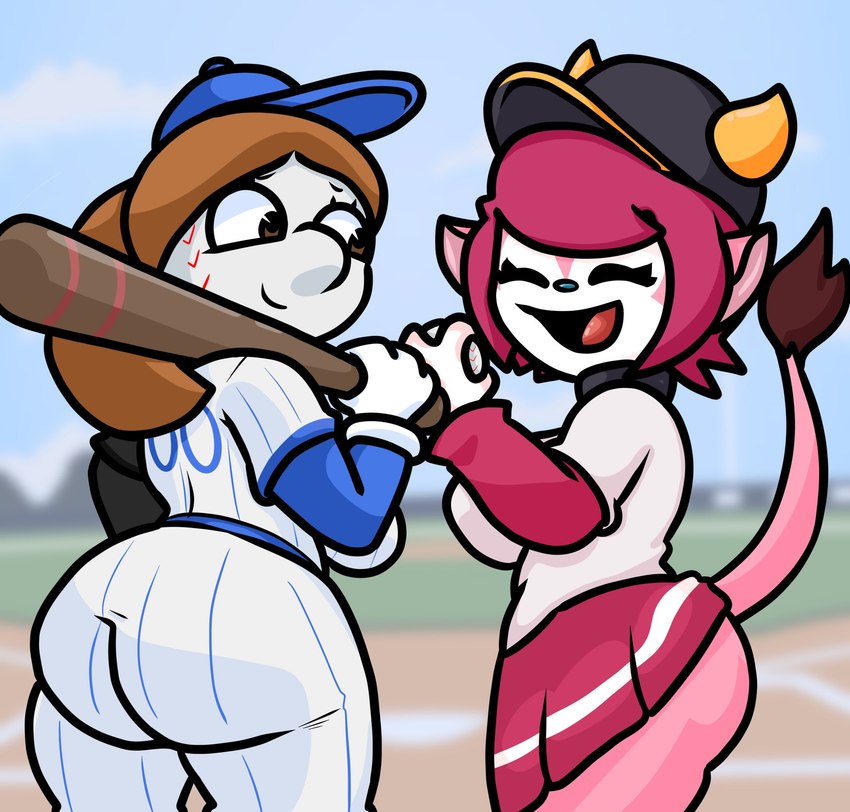 anthro ball baseball_(ball) baseball_cap baseball_uniform bottomwear breasts brown_hair butt butt_focus clothing duo eyes_closed female for_a_head fur hair happy hat headgear headwear mascot open_mouth open_smile pink_body pink_fur pink_hair skirt smile sportswear thick_thighs uniform lewdewott mlb new_york_mets nippon_professional_baseball orix_buffaloes buffalo_bell mrs._met bison bovid bovine humanoid mammal object_head 2023 hi_res