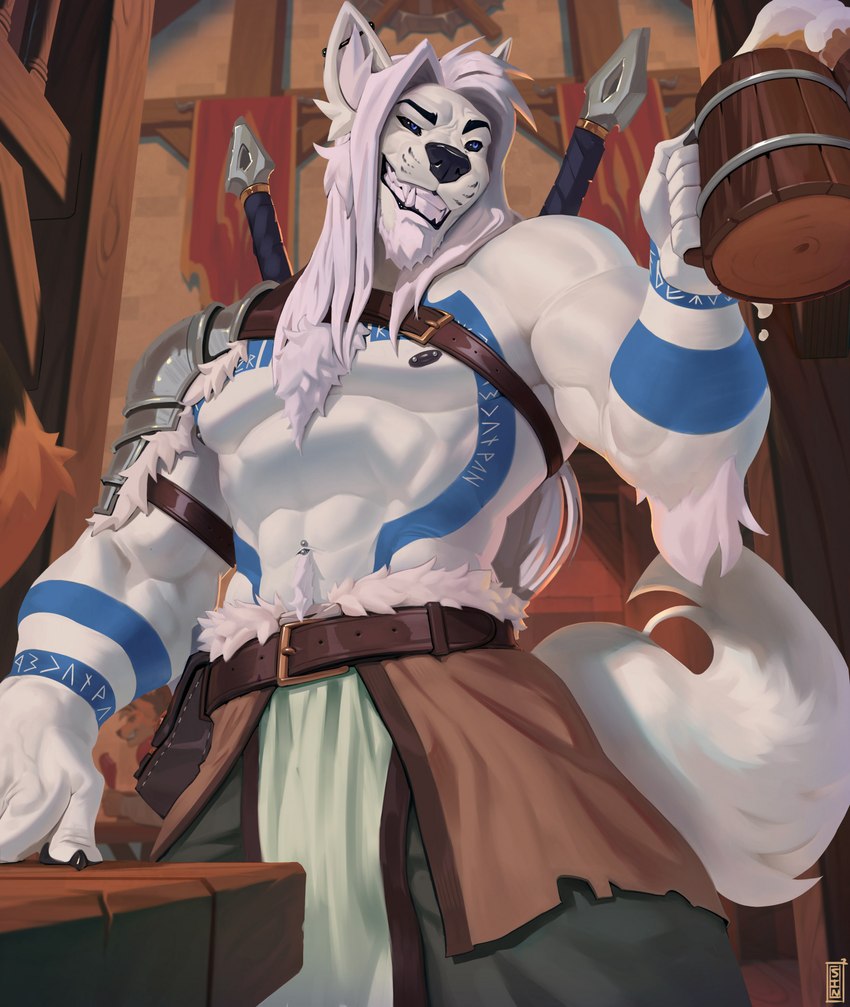 anthro areola blue_body blue_fur bottomwear clothing container cup fur hair holding_container holding_cup holding_object looking_away male muscular muscular_anthro muscular_male pants solo tail tavern weapon white_body white_fur sinsquared pyro29 canid canine canis mammal wolf 2023 hi_res