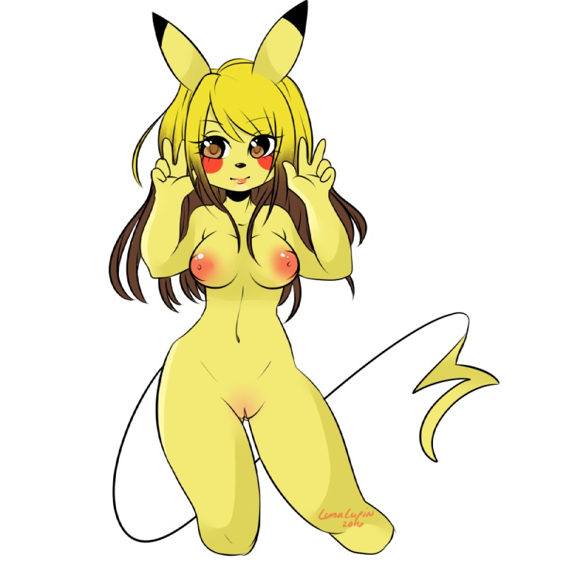 anthro anthrofied areola biped blonde_hair breasts brown_hair double_v_sign female fur genitals gesture hair hand_gesture multicolored_hair navel nipples nude orange_eyes pokemorph pussy simple_background solo standing two_tone_hair v_sign white_background yellow_body yellow_fur luna_lupin nintendo pokemon generation_1_pokemon mammal pikachu pokemon_(species) rodent 1:1 2016 digital_media_(artwork) portrait three-quarter_portrait