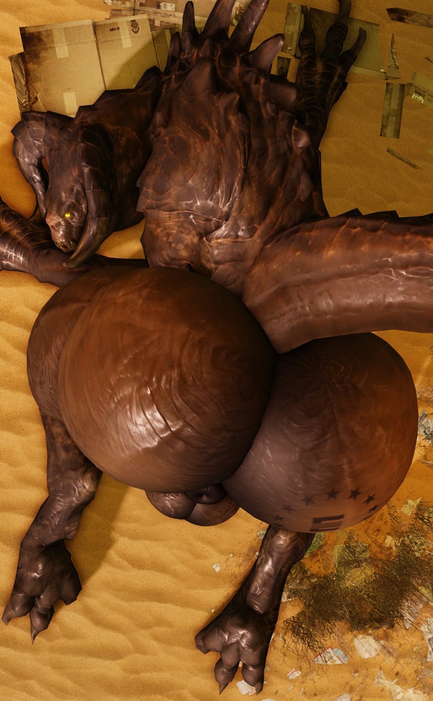 anus back_spikes balls big_butt big_horn bmythological_creature brown_anus brown_balls brown_claws butt butt_pose cardboard claws desert_background dessert feet feral food genitals glistening glistening_body glistening_butt glowing glowing_eyes horn huge_butt looking_at_viewer male nude pose post-apocalyptic presenting presenting_hindquarters puffy_anus sand scales simple_background solo spikes spikes_(anatomy) tail wasteland yellow_eyes willie_piv bethesda_game_studios enclave_(fallout) fallout microsoft mythology roblox enclaw_(willie_piv) deathclaw monster mythological_creature mythological_scalie scalie 2024 3d_(artwork) colored digital_drawing_(artwork) digital_media_(artwork) hi_res shaded