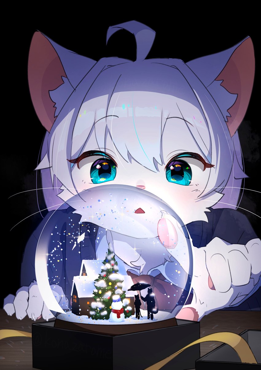 ahoge anthro biped black_background black_eyebrows blue_eyes blush christmas_tree claws eyebrow_through_hair eyebrows female fur hair holidays inner_ear_fluff looking_at_object open_mouth pawpads pink_nose plant simple_background snow_globe solo translucent translucent_hair tree tuft whiskers white_body white_fur white_hair konazarame christmas new_year 2023 absurd_res hi_res shaded