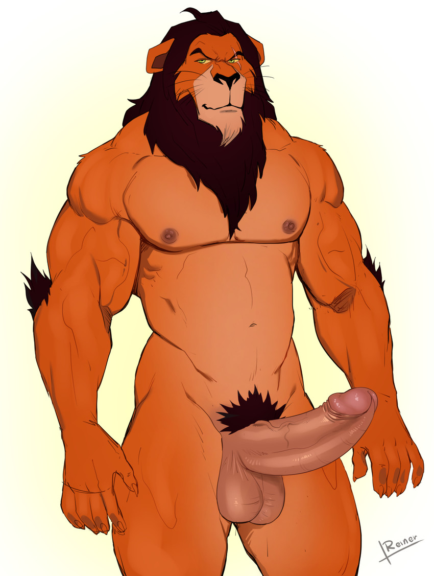 anthro balls black_mane erection facial_scar fur genitals green_eyes humanoid_genitalia humanoid_penis male mane muscular muscular_male nipples nude penis pubes scar solo reiner55 disney the_lion_king scar_(the_lion_king) felid lion mammal pantherine 2020 hi_res