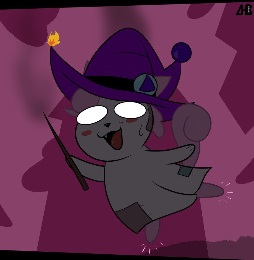 anthro black_nose blush bodily_fluids clothed clothing female fure hair hat headgear headwear magic_user open_mouth open_smile paws sharp_teeth smile smoke solo sweat sweatdrop tail teeth tongue white_eyes witch witch_hat luanctoons makita_(luanctoons) domestic_cat felid feline felis ghost mammal spirit 2024 absurd_res hi_res