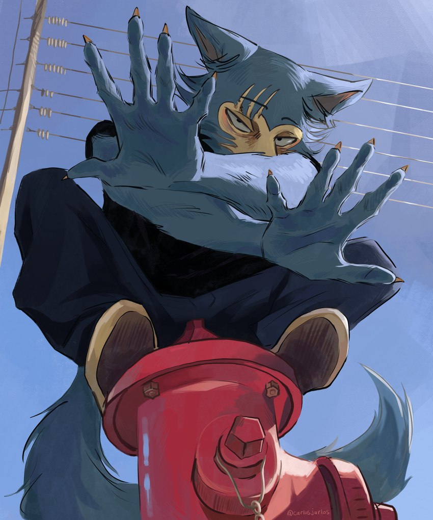 anthro bottomwear claws clothed clothing crouching day eyebrows fire_hydrant footwear fur gesture humanoid_hands jazz_hands looking_at_viewer low-angle_view male outside pants power_lines scar shirt shoes solo text topwear tuft carlosjarlos beastars legoshi_(beastars) canid canine canis mammal wolf 2023 absurd_res hi_res meme signature url