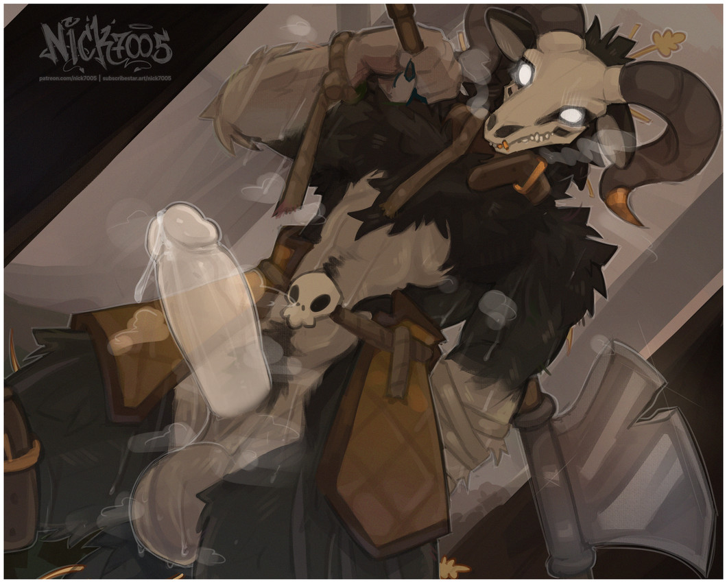 anthro armor axe balls bodily_fluids body_hair border collar dripping erection genital_fluids genitals glans happy_trail horn humanoid_genitalia humanoid_penis male penis precum precum_drip solo sweat text translucent translucent_penis unconvincing_armor weapon weapon_on_shoulder white_border nick7005 shallow_(theshallow) bovid canid canine caprine goat hybrid mammal skulldog_(species) undead absurd_res hi_res url