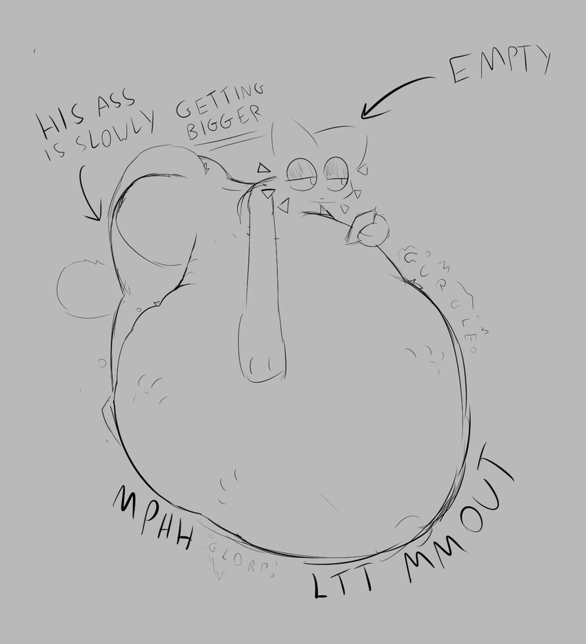 ambiguous_anthro ambiguous_gender ambiguous_pred ambiguous_prey anthro anthro_pred belly big_belly big_butt biped black_text bodily_noises butt butt_expansion calling_for_release churn closed_frown clothing contextual_arrow digestion digestion_noises directional_arrow expansion floating_whiskers frown fully_inside grey_background gurgle_(sound_effect) holding_object huge_belly hyper hyper_belly imprint legwear long_tail looking_aside monotone_background mouth_closed mph! muffled multiple_prey narrowed_eyes noseless one_ear_up onomatopoeia paw_imprint pointy_ears prick_ears rumbling_stomach same_size_vore simple_background soft_vore solo sound_effects struggling struggling_prey tail text thick_thighs thigh_highs three-quarter_view unimpressed unseen_prey unwilling_prey vore vowelless vowelless_vocalization weight_gain tcsrjx eclair_(tcsrjx) domestic_cat felid feline felis mammal 2023 digital_drawing_(artwork) digital_media_(artwork) english_description english_text full-length_portrait greyscale guide_lines hi_res monochrome portrait sketch male_(lore)