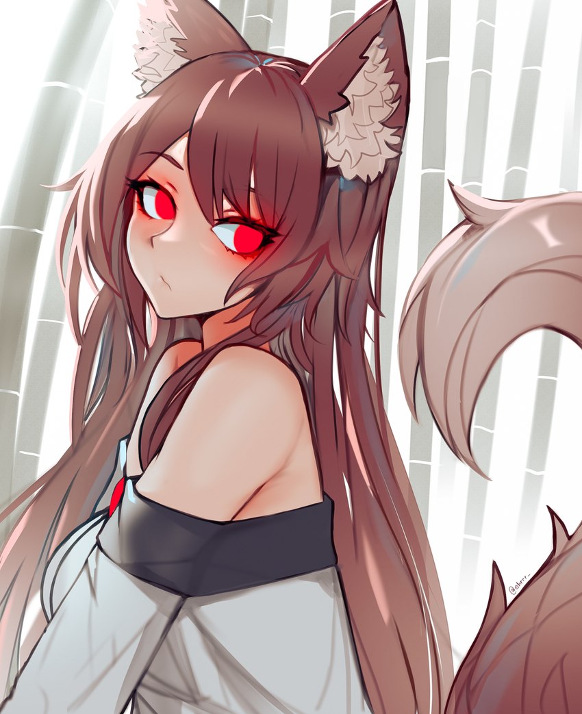 bamboo black_hair black_tail breasts clothed clothing female hair inner_ear_fluff long_hair medium_breasts red_eyes solo tail topwear tuft white_clothing white_topwear ehrrr touhou kagerou_imaizumi animal_humanoid canid canid_humanoid canine canine_humanoid humanoid mammal mammal_humanoid wolf_humanoid 2022 hi_res