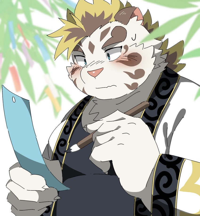 anthro asian_clothing blue_eyes blush chinese_clothing clothing east_asian_clothing fur inkbrush male overweight overweight_male solo striped_body striped_fur stripes white_body white_fur writing_utensil ptcmtr lifewonders tanabata tokyo_afterschool_summoners licho_(tas) felid mammal pantherine tiger hi_res