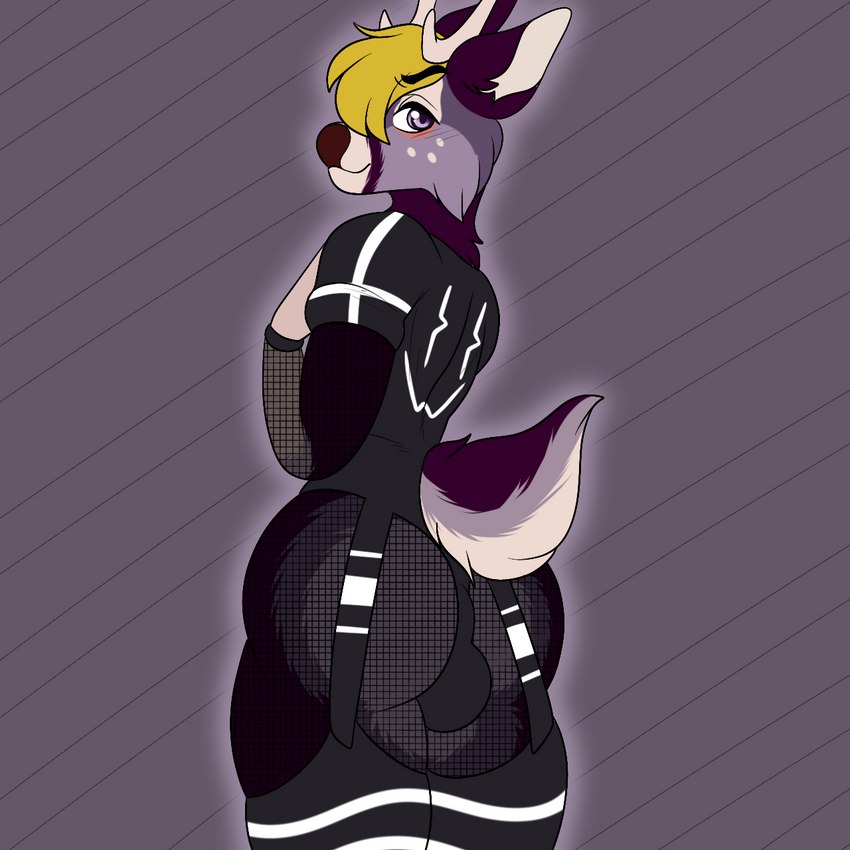 anthro antlers big_butt black_clothing blonde_hair bulge butt clothing femboy fishnet_clothing fur garter_straps hair horn legwear looking_at_viewer looking_back male markings purple_body purple_fur rear_view scut_tail short_tail simple_background solo stockings tail white_markings brokenvocaloid damon_fallow deer mammal 1:1 hi_res