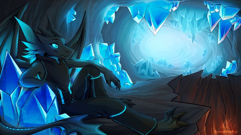 anthro black_body black_scales blue_eyes cave clothed clothing detailed_background fire male membrane_(anatomy) membranous_wings scales smile solo tail wings neotheta mythology theo_(neotheta) dragon mythological_creature mythological_scalie scalie 16:9 hi_res widescreen