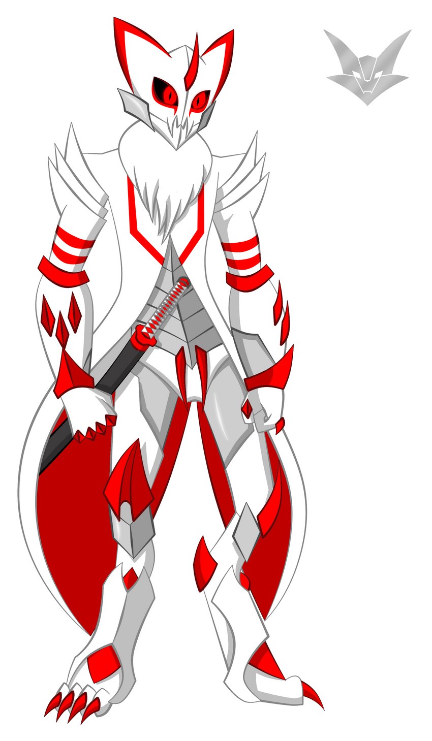 anthro black_sclera bone_armor bright_eyes chest_fur claws clothing coat exoskeleton facial_markings finger_claws head_markings horn katana knee_pads long_claws long_fangs male markings melee_weapon membrane_(anatomy) red_eyes simple_background solo spikes spikes_(anatomy) sword toe_claws topwear weapon white_background white_body nikku_lunatique nikku_lunatique_(character) canid canine canis fox humanoid mammal monster monstrous_humanoid tier_(species) absurd_res hi_res