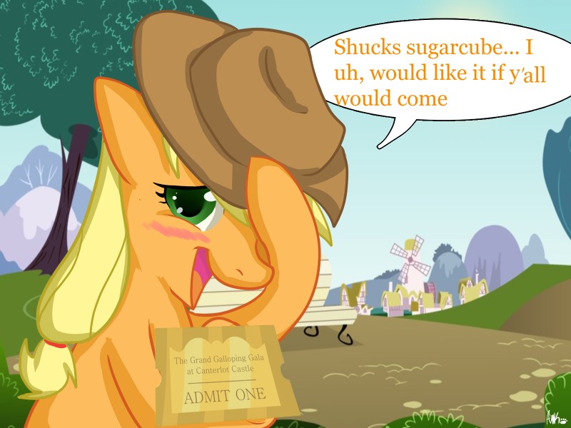 bench blonde_hair blush building clothing cowboy_hat dialogue female feral grass green_eyes hair hat headgear headwear house looking_at_viewer outside park plant ponyville solo text ticket tree windmill pon3splash friendship_is_magic hasbro my_little_pony applejack_(mlp) earth_pony equid equine horse mammal pony 2013 4:3 english_text hi_res