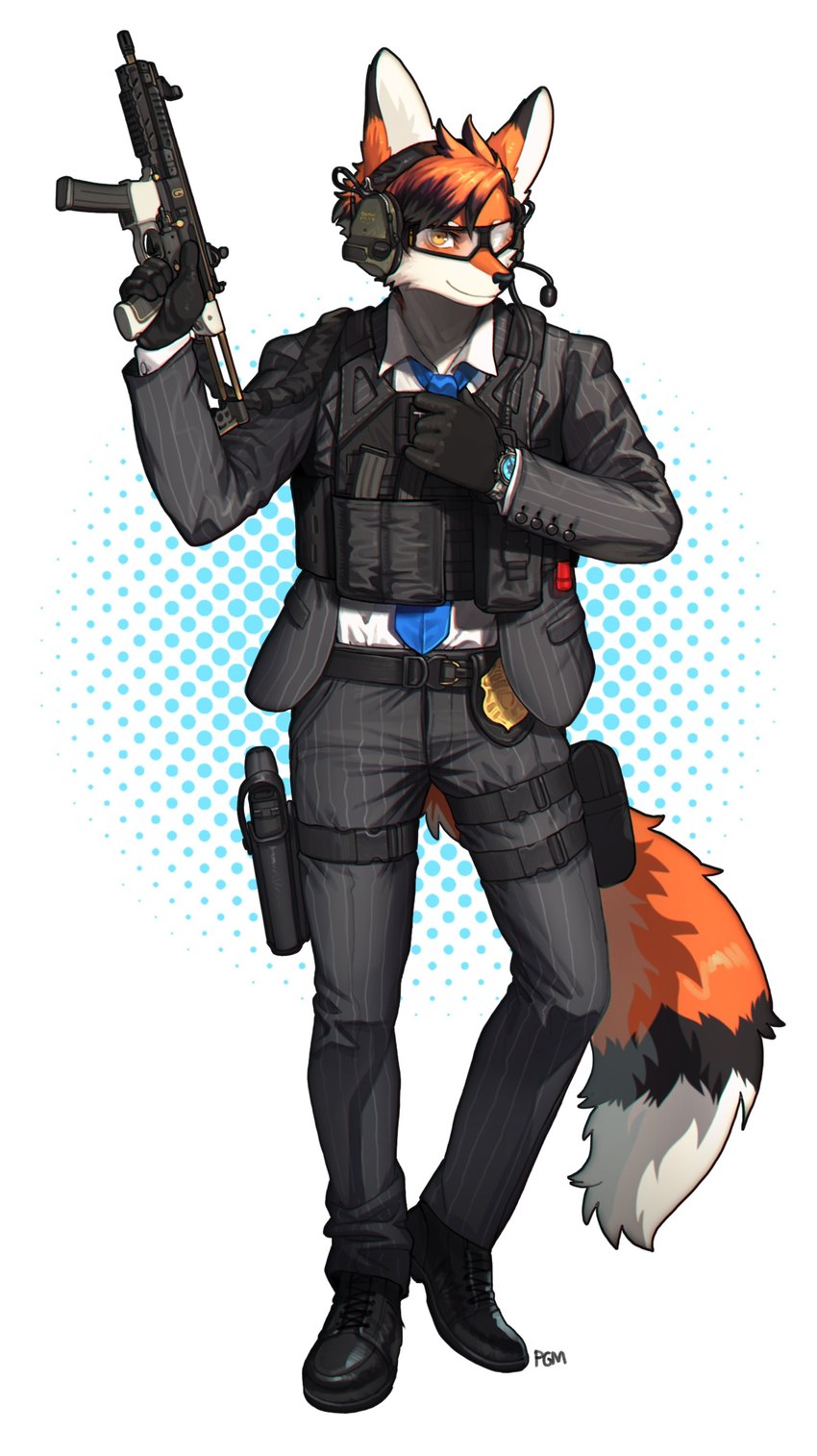 anthro boots clothed clothing electronics eyewear footwear formal_wear glasses gun headphones holster holstered_pistol male pinstripe_suit police_badge pouches ranged_weapon shoes sig_mpx simple_background solo submachine_gun suit weapon pgm300 blue_byte_(game_developer) rainbow_six rainbow_six:_siege sig_sauer tom_clancy's_(series) ubisoft warden_(rainbow_six) canid canine fox mammal 2021 absurd_res chromatic_aberration digital_media_(artwork) hi_res shaded